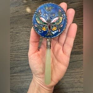Jade Cloisonné Enamel Ornate Butterfly Vintage Collectible Hand Mirror